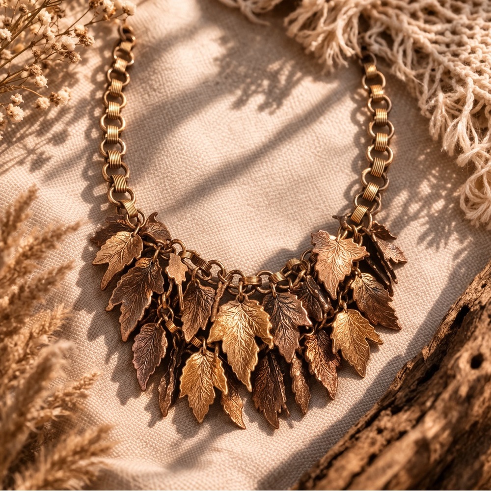 Vintage Gold Leaf Statement Necklace Fall Bib Necklace Layered Leaf Charm